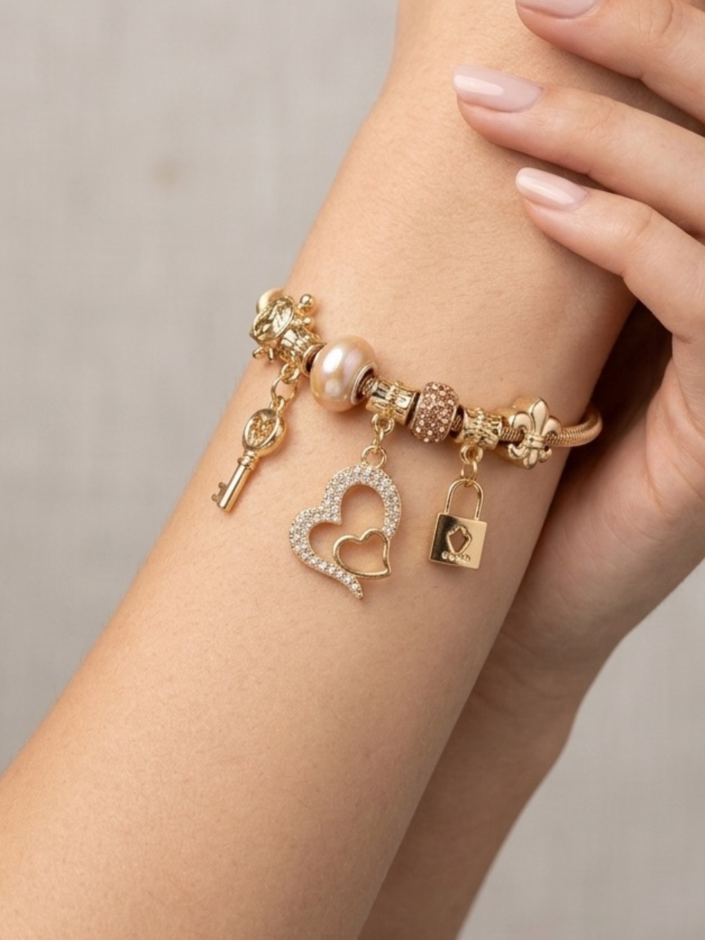 Gold Lock & Key Charm Bracelet | Pandora Style Snake Chain - Picture 5 of 10